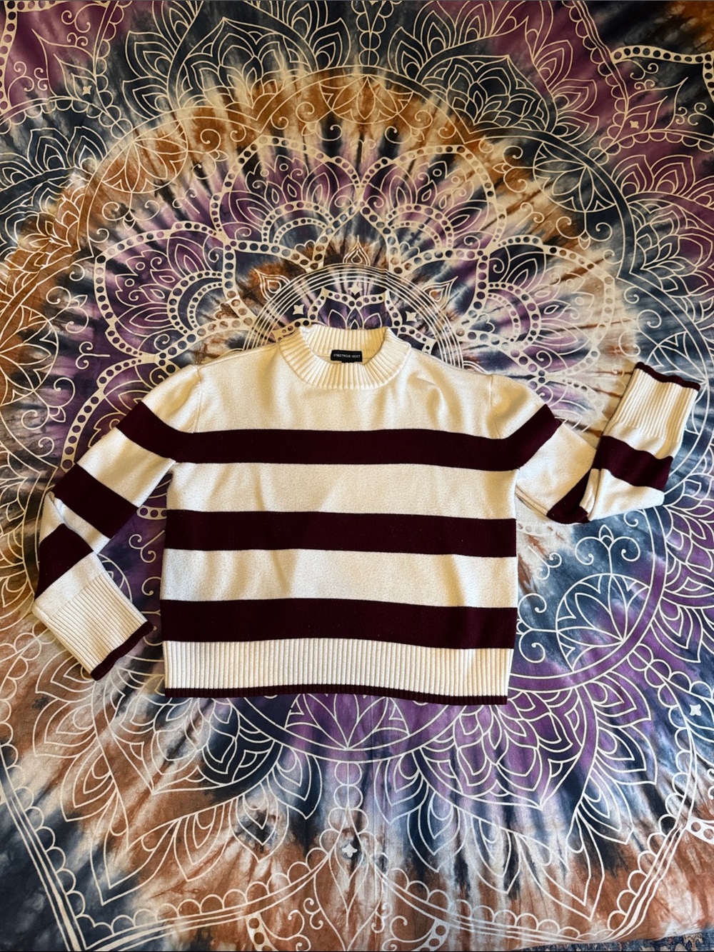 Streetwear Society Cream & Burgundy Striped Crewneck Sweater